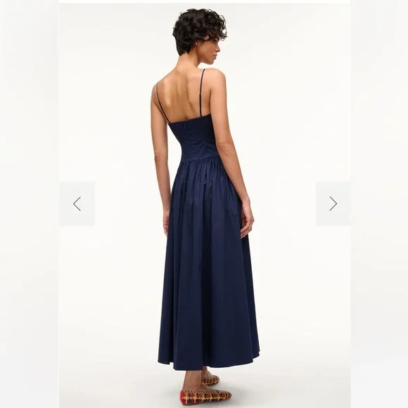 new Staud Dena drop waist poplin maxi dress in navy blue cotton - Picture 5 of 11